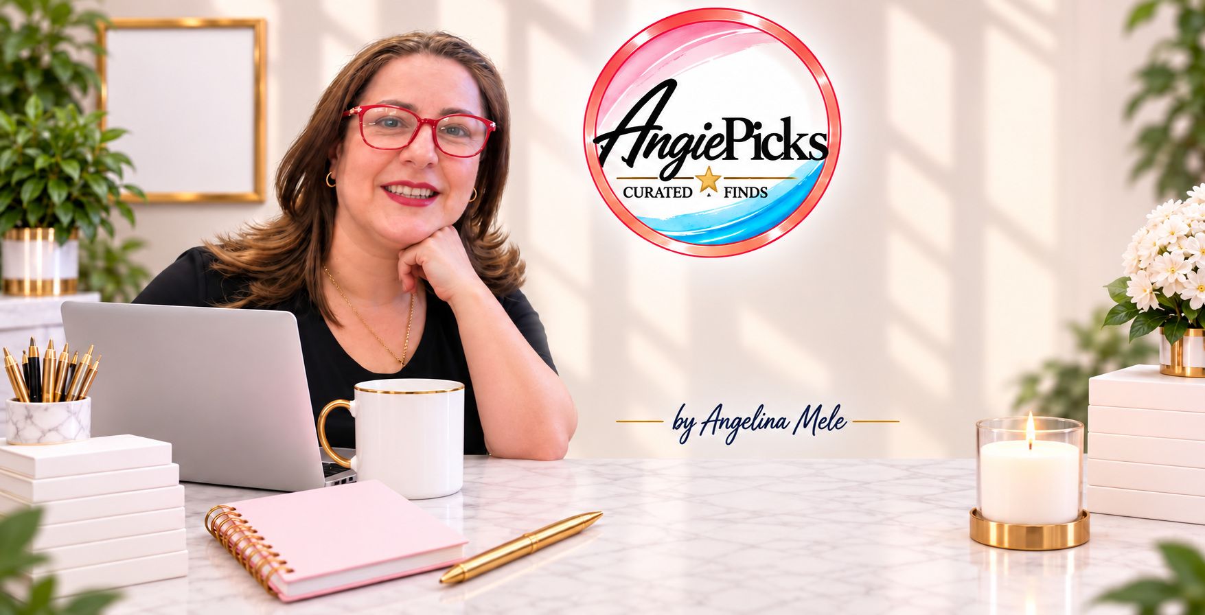 Angelina Mele at her desk with the AngiePicks logo — Curated Finds for Everyday Life