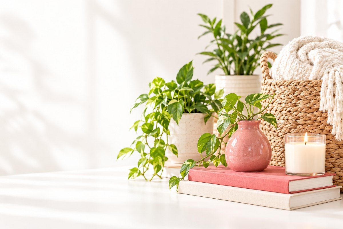 Cozy styled home corner with a woven basket, blanket, green plants and books